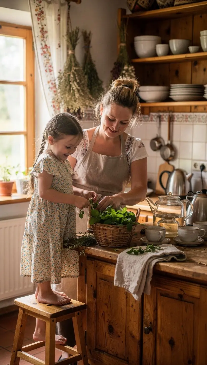 Moteris meditacijos pozoje, rankoje laikanti arbatą, skatinanti sąmoningą gyvenimo ritmą.