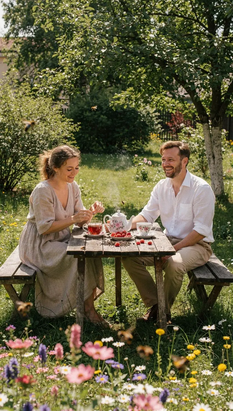 Minimalistinis stalas su arbatos servizu ir atviru žurnalu apie sveiką gyvenimo būdą.