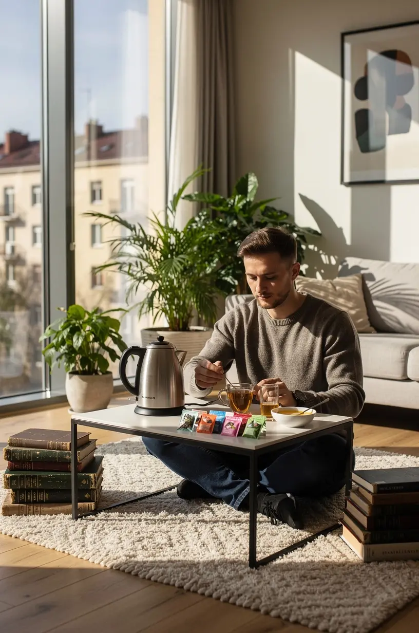 Ramus žmogus sėdi prie lango su karštu žolelių arbatos puodeliu, mėgaujasi tylia akimirka.